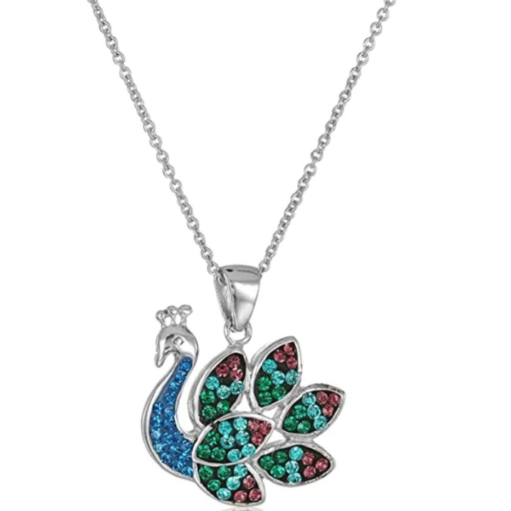Vintage Roman Peacock Pendant Necklace Signed Silverplated